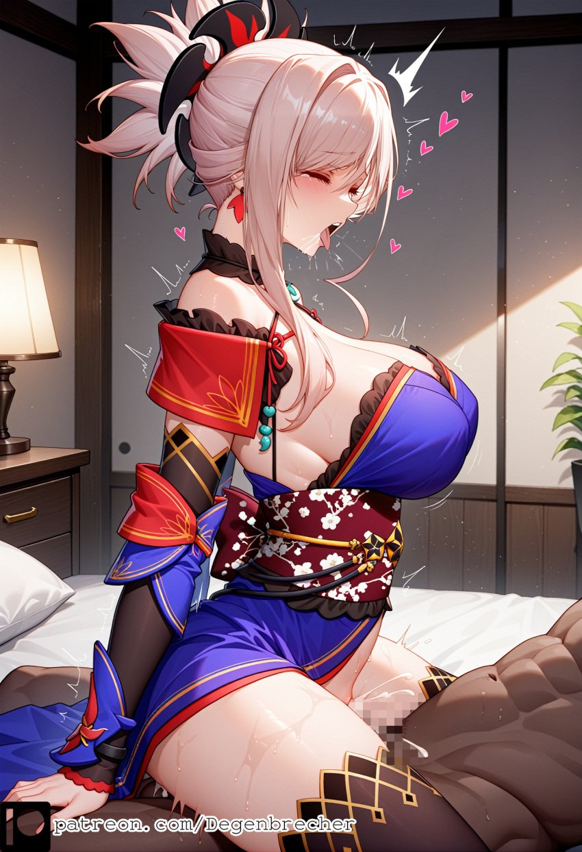 1girls ai_generated blue_eyes cum_in_pussy cum_inside dark-skinned_male degenbrecher fate/grand_order fate_(series) large_breasts miyamoto_musashi_(fate) patreon patreon_username subscribestar subscribestar_username