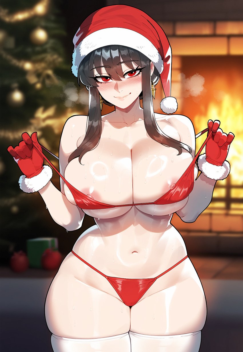 ai_generated black_hair breasts christmas christmas_outfit curvy dark-skinned_male dark_skin female huge_breasts indoors interracial juuicyai light-skinned_female light_skin male massive_ass massive_breasts narrow_waist red_eyes santa_bikini santa_hat spy_x_family thick_thighs wide_hips yor_forger