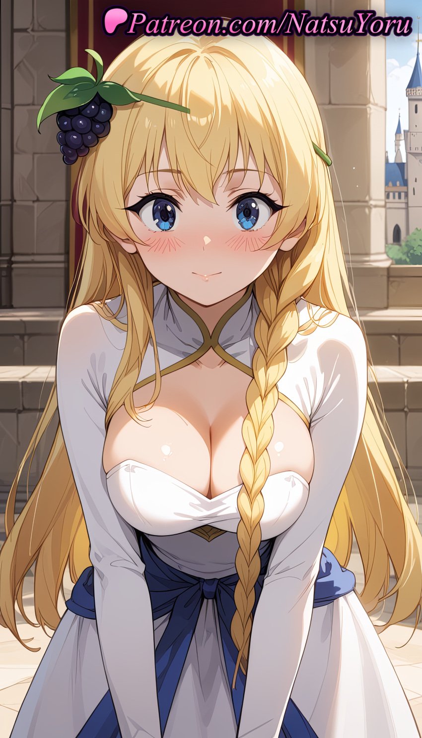 1girls ai_generated anime anime_style asian bangs blonde_hair blue_eyes blush braid breasts bust busty cleavage cleavage_cutout closed_mouth clothing_cutout collarbone day dress female female_focus female_only food food-themed_hair_ornament fruit grapes hair_ornament hentai iris_(konosuba) kono_subarashii_sekai_ni_shukufuku_wo! large_breasts leaning_forward long_hair long_sleeves looking_at_viewer natsuyoru outdoors side_braid single_braid smile solo solo_female very_long_hair voluptuous voluptuous_female white_dress