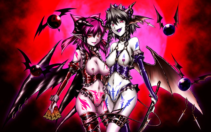 black_hair bottomless breasts collar corruption demon_girl elf_ears erect_nipples femsub gloves happy_trance horns maid_headdress monster_girl nipple_piercing open_clothes opera_gloves piercing purple_hair pussy_juice reimu_hakurei sakuya_izayoi short_hair talisman tattoo thighhighs touhou twintails wings yuzu_momo