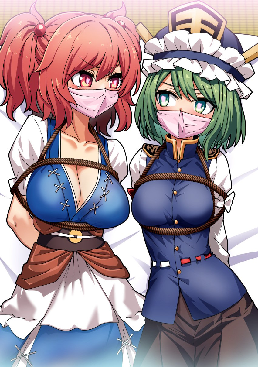 2girls bondage bound eiki_shiki female female_only gag gagged heart-shaped_pupils kikoka_(mizuumi) komachi_onozuka over_the_nose_gag touhou