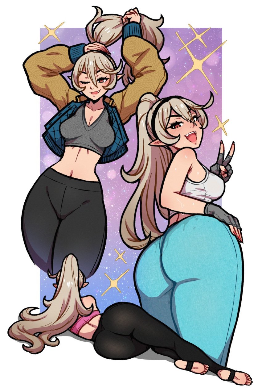 ass ass_focus corrin_(fire_emblem) corrin_(fire_emblem)_(female) feet female female_focus female_only fire_emblem fire_emblem_fates flexing flexing_bicep grey_hair headband jacket nintendo red_eyes yoga yoga_pants