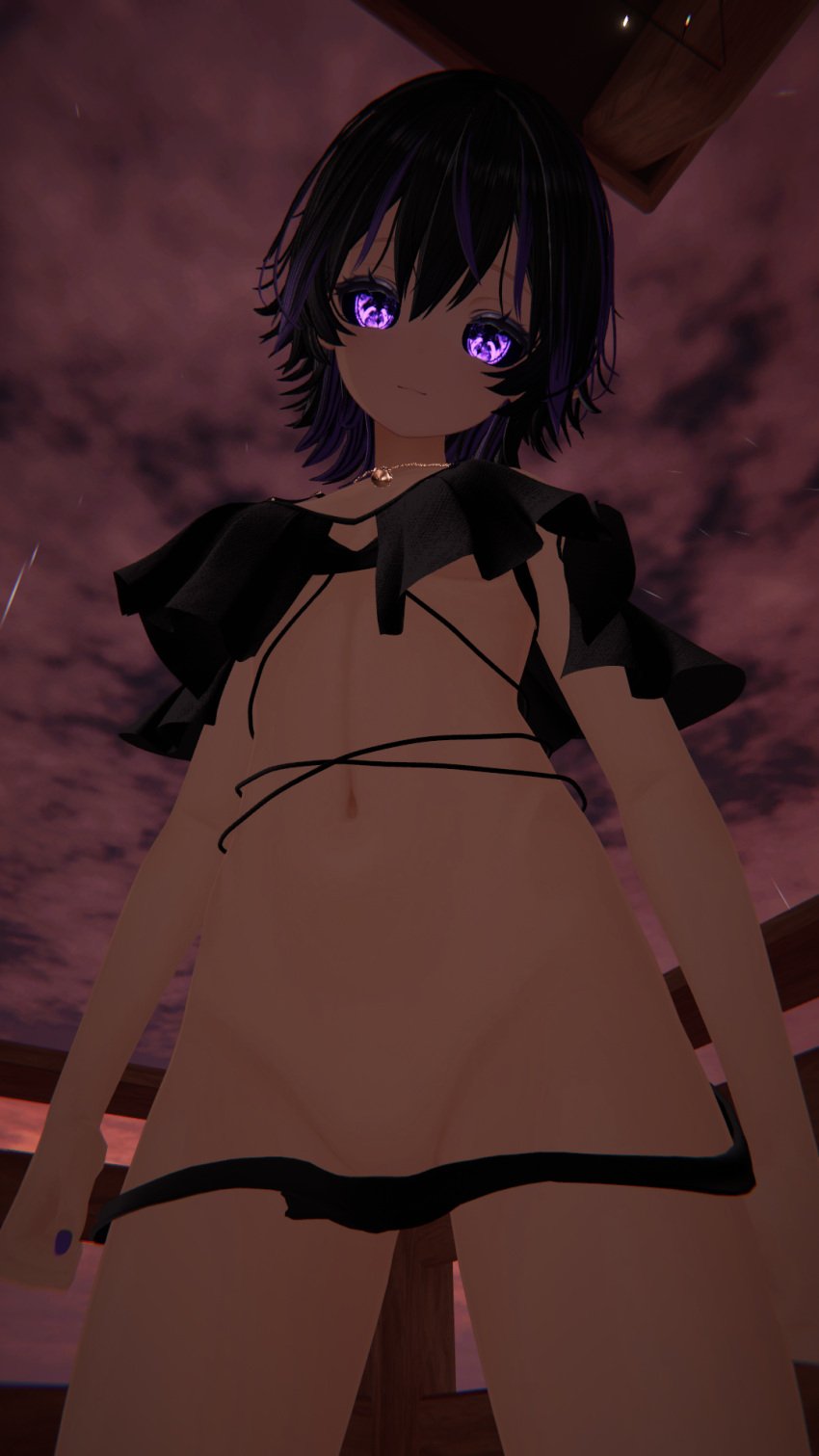 bikini_top black_hair black_sclera corrin_asumi looking_at_viewer pulling_bikini_down purple_eyes purple_streak solo_female vrchat vrchat_avatar vrchat_model