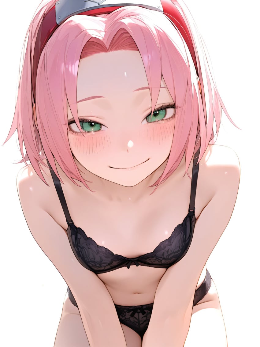 ai_generated april68th aroused belly_button bending_over bent_over blush bra embarrassed embarrassed_female girly green_eyes hands_behind_back leaning_forward lingerie lingerie_only looking_at_viewer medium_breasts naruto panties pink_hair sakura_haruno slim_waist smiling_at_viewer underwear