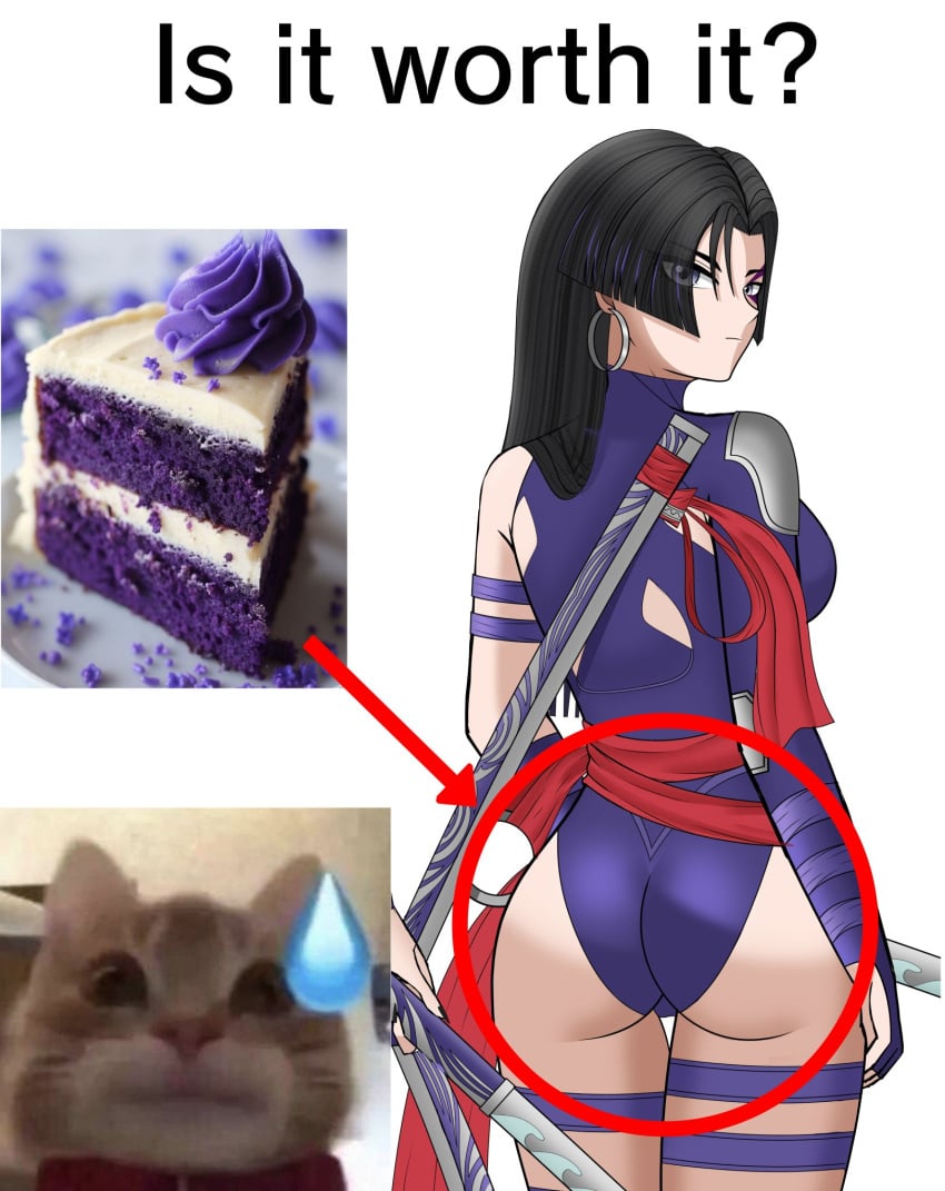 1girls 2d_(artwork) absurd_res asian_female ass ass_focus black_hair booty butt_crack_outline cake caked_up color daikiri_di_mon fat_ass feline female female_only funny highres kunoichi light-skinned_male light_skin long_hair looking_at_viewer looking_back marvel marvel_comics marvel_rivals meme mutant_(marvel) paag philosophy psylocke psylocke_(marvel_rivals) question simple_background tight_clothing vengeance_psylocke x-men