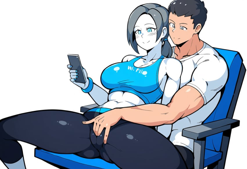 1boy 1girls ai_generated assisted_masturbation cameltoe cleavage female fingering_through_clothes large_breasts male masturbating masturbation masturbation_through_clothing sports_bra wii_fit wii_fit_trainer wii_fit_trainer_(female) yoga_pants