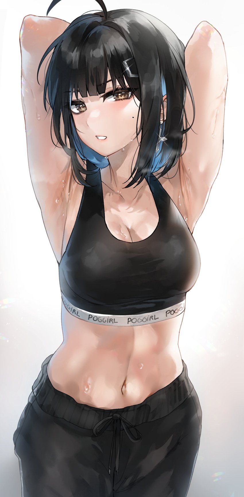 1girls adult adult_female ahoge antenna_hair arm_behind_head arm_up armpit armpit_crease armpit_focus armpit_peek armpits arms_up bare_armpits bare_arms bare_belly bare_midriff bare_navel bare_shoulders bare_skin belly belly_button black_bra black_hair black_hair_female black_pants black_sports_bra black_trousers black_underwear blue_hair blue_hair_female bra breasts brown_eyes brown_eyes_female busty busty_female busty_girl cleavage collarbone curvaceous curvaceous_body curvaceous_female curvaceous_figure curvaceous_hips curvy curvy_body curvy_female curvy_figure curvy_hips dot_nose elbows exposed_armpits exposed_arms exposed_belly exposed_midriff exposed_navel exposed_shoulders exposed_skin fair_skin female female_focus female_only hair_clip hairclip hairless_armpits hand_behind_head hand_up hands_up head_tilt high_resolution highres hourglass_figure irene_(kanniiepan) kanniiepan large_breasts lean_body lean_figure legs_closed legs_together light-skined_female light-skinned light-skinned_female light_skin light_skin_female light_skinned light_skinned_female lips long_hair looking_at_viewer looking_seductive looking_sexy mature mature_female medium_hair midriff mole mole_under_eye multicolored_hair narrow_waist navel original original_art original_artwork original_character pants seductive seductive_armpits seductive_body seductive_cleavage seductive_eyes seductive_female seductive_gaze seductive_hips seductive_look seductive_looks seductive_pose seductive_posing seductive_stare seductive_woman sexy sexy_armpits sexy_body sexy_eyes sexy_female sexy_hips sexy_look sexy_pose sexy_posing sexy_woman shaved_armpits shoulders simple_background slender_body slender_waist slim_girl slim_waist smooth_armpits smooth_skin solo sports_bra sportswear standing sweat sweatdrop sweating sweaty sweaty_armpit sweaty_armpits sweaty_arms sweaty_belly sweaty_body sweaty_breasts sweaty_face thin_waist tilted_head trousers underwear upper_body wet wet_armpit wet_armpits wet_arms wet_belly wet_body wet_breasts wet_face white_background wide_hips