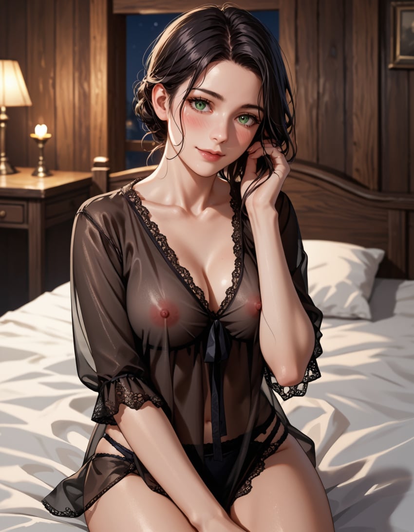 ai_generated bed bedroom black_hair breasts female green_eyes iris_von_everec light-skinned_female lingerie looking_at_viewer nightie nipples panties solo the_witcher_(series) the_witcher_3:_wild_hunt theharemking transparent_clothing