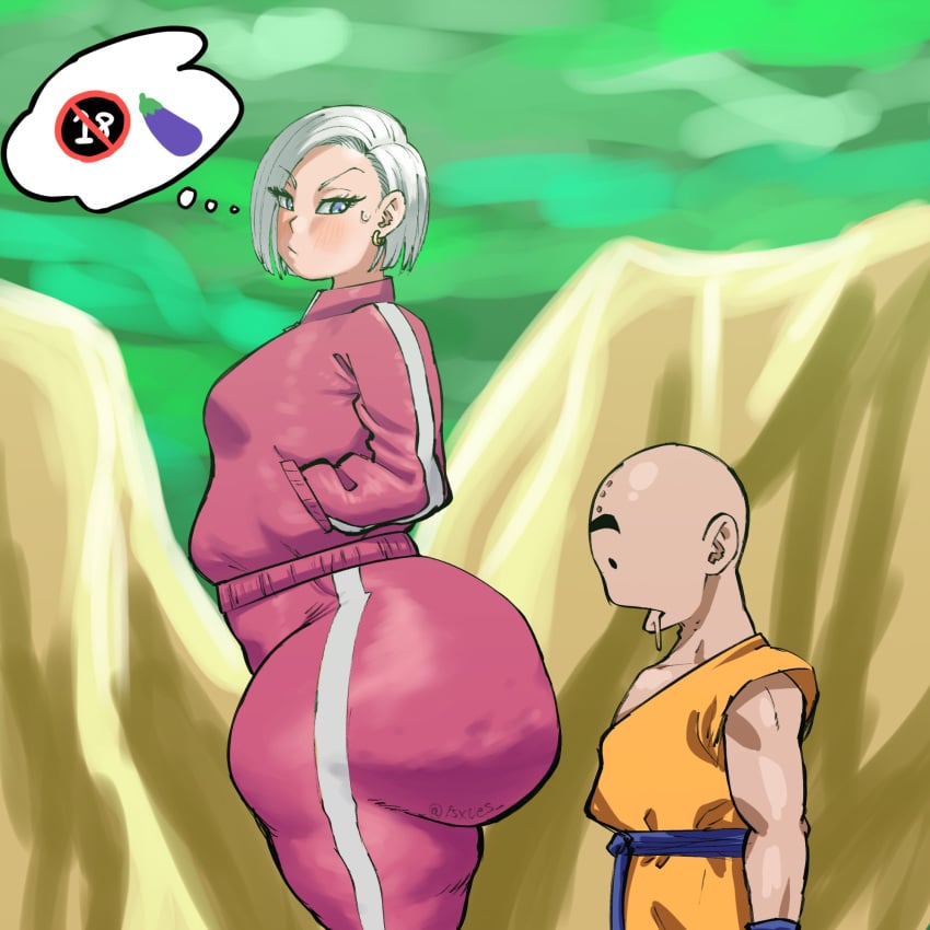 android android_18 ass bald bald_man dragon_ball dragon_ball_super dragon_ball_z dream drool drooling earrings eyelashes fantasizing horny huge_ass isxues krillin kuririn makeup midget plump short silver_hair size_difference stacked thicc thick thought_bubble thoughts track_jacket track_pants track_suit tracksuit