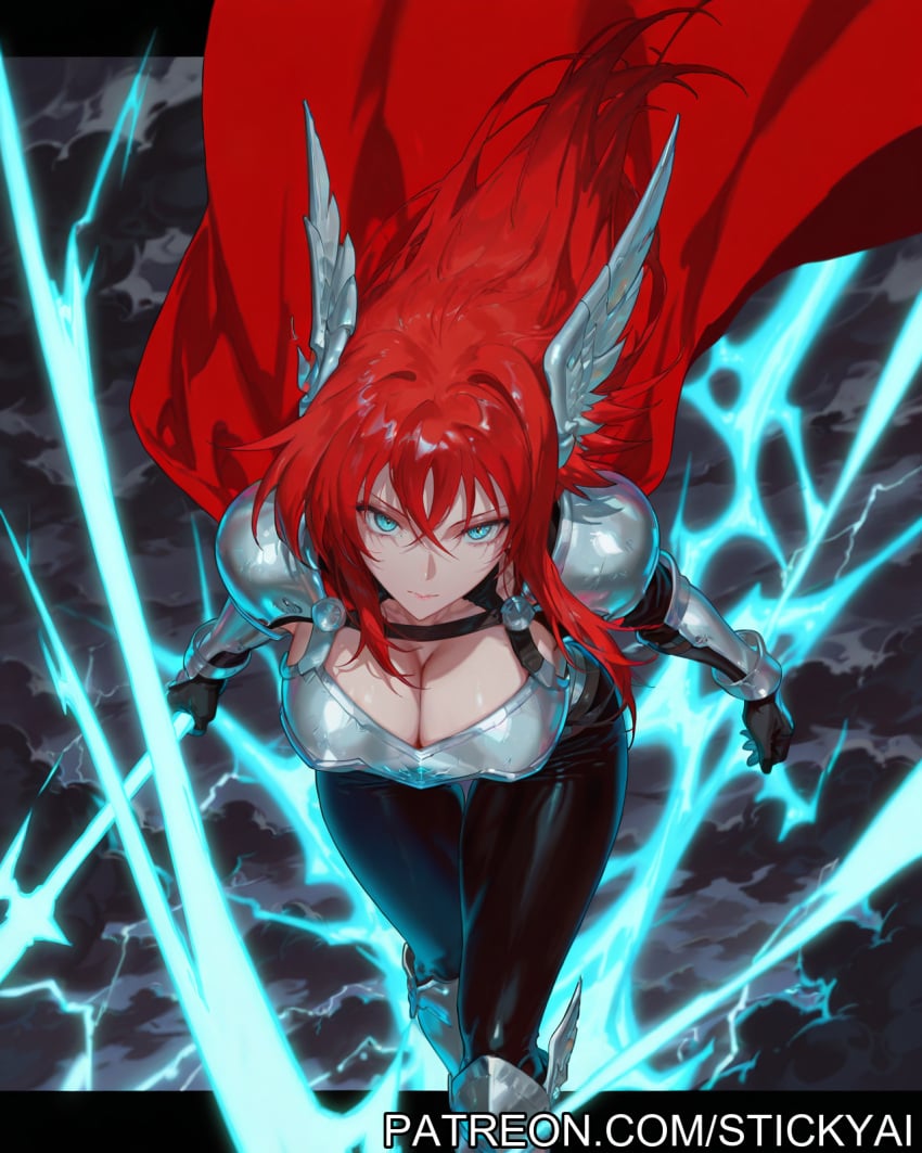 1girls action_pose ai_generated blue_eyes breasts cloud cosplay fit high_school_dxd light-skinned_female lightning nsfw red_hair rias_gremory stickyai storm superheroine thor_(marvel)