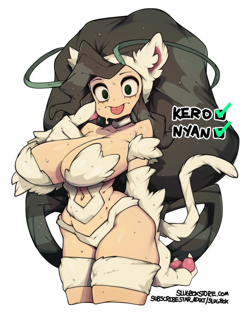 1girls big_breasts breasts cosplay darkstalkers english_text felicia_(darkstalkers)_(cosplay) female female_only green_eyes huge_breasts large_breasts my_hero_academia slugbox source_request tail text tsuyu_asui