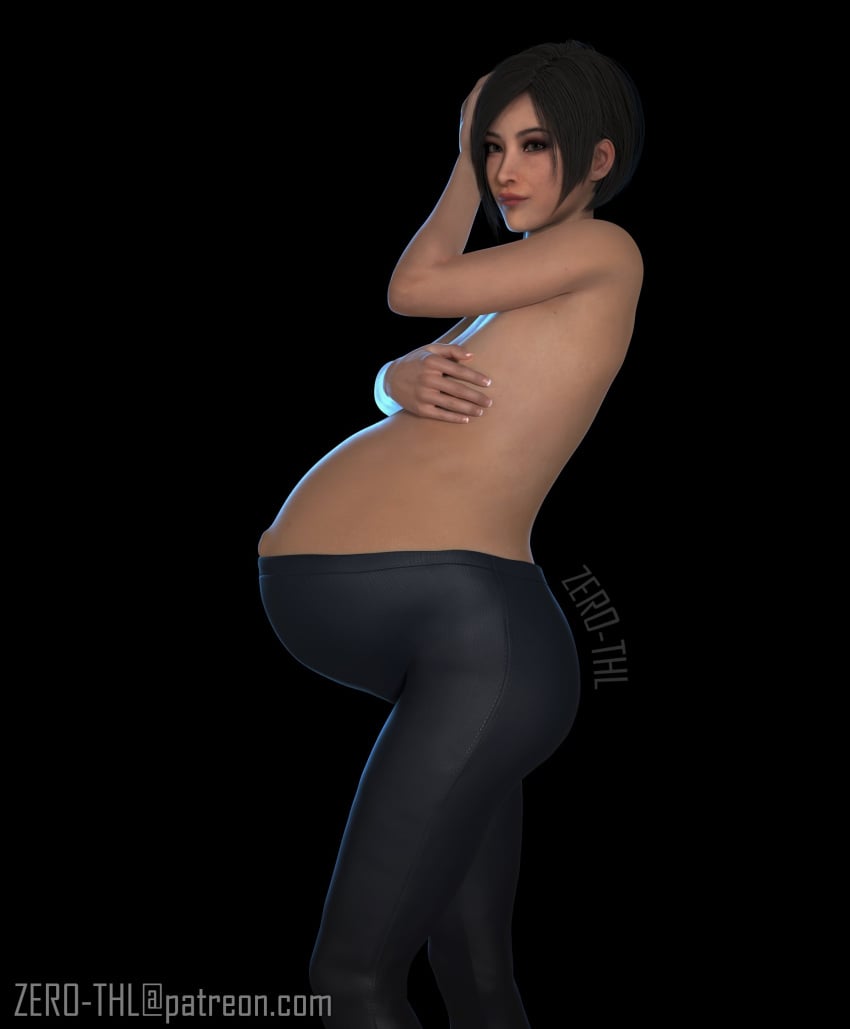 1girls 3d ada_wong asian asian_female belly big_belly black_hair breasts capcom covering_breasts demi_moore_pose female female_only nipples outie_navel pants pregnant resident_evil side_view solo solo_female topless zero-thl