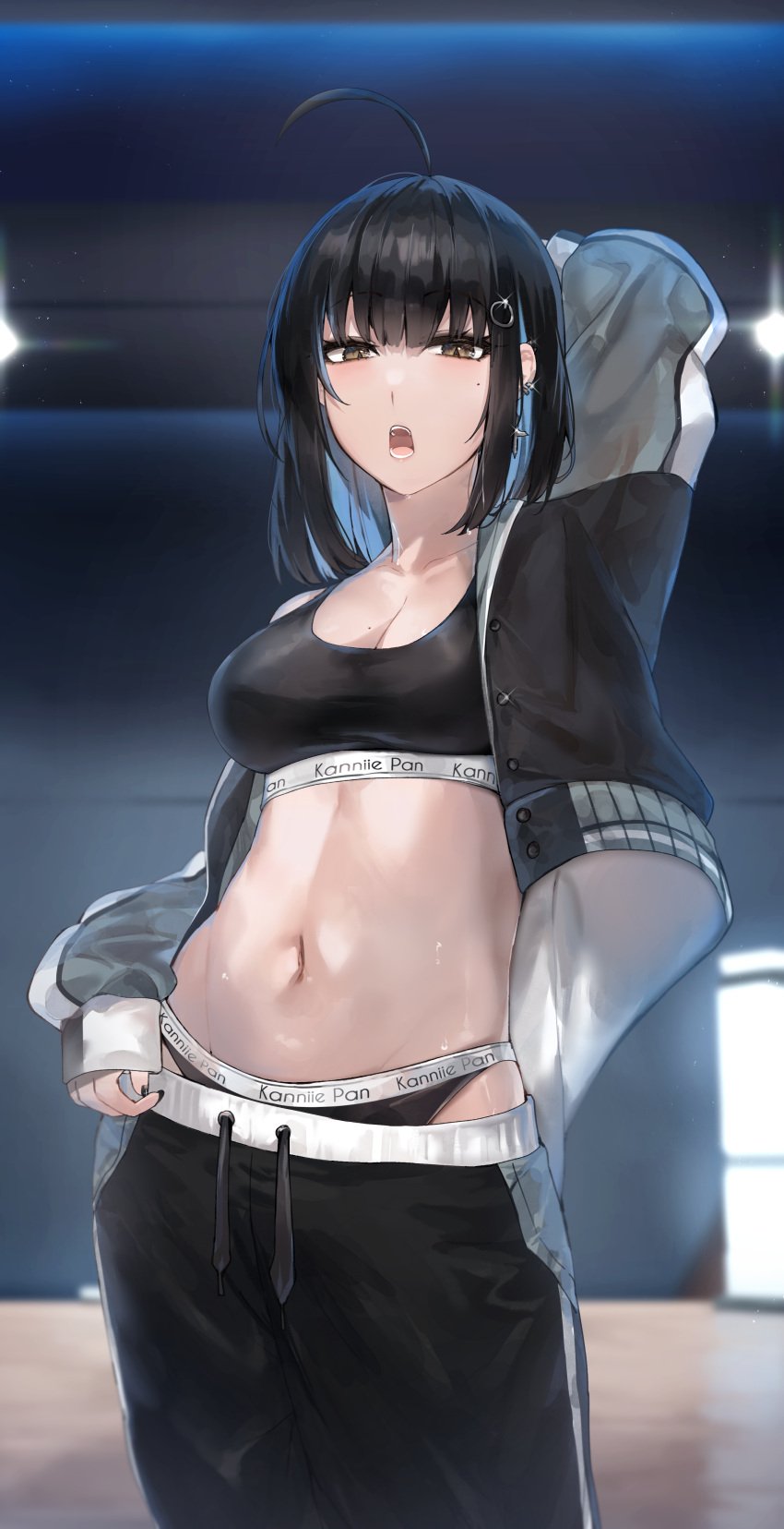 1girls adult adult_female ahoge antenna_hair arm_behind_back bare_armpits bare_arms bare_belly bare_chest bare_hands bare_midriff bare_navel bare_shoulders bare_skin belly belly_button black_bra black_fingernails black_hair black_hair_female black_jacket black_nail_polish black_nails black_panties black_sports_bra black_topwear black_track_suit black_underwear blue_hair blue_hair_female blurred_background blurry_background bra breasts brown_eyes brown_eyes_female busty busty_female busty_girl cleavage collarbone curvaceous curvaceous_body curvaceous_female curvaceous_figure curvaceous_hips curvy curvy_body curvy_female curvy_figure curvy_hips dot_nose ear_piercing ear_piercings earrings exposed_armpits exposed_arms exposed_belly exposed_chest exposed_midriff exposed_navel exposed_shoulders exposed_skin fair_skin female female_focus female_only fingernails fingers hair_clip hairclip hand_behind_back high_resolution highres hourglass_figure indoor indoors irene_(kanniiepan) jacket kanniiepan large_breasts lean_body lean_figure legs light-skined_female light-skinned light-skinned_female light_skin light_skin_female light_skinned light_skinned_female lips long_hair looking_at_viewer looking_down looking_down_at_viewer mature mature_female medium_hair midriff mole mole_under_eye multicolored_hair nail_polish nails narrow_waist navel open_jacket open_mouth open_topwear original original_art original_artwork original_character pale pale-skinned_female pale_skin pale_skinned_female panties parted_lips pierced_ear pierced_ears shoulders slender_body slender_waist slim_girl slim_waist smooth_skin solo sports_bra standing sweat sweatdrop sweating sweaty sweaty_belly sweaty_body thin_waist tongue topwear track_pants track_suit underboob underwear upper_body upper_teeth wet wet_belly wet_body wide_hips