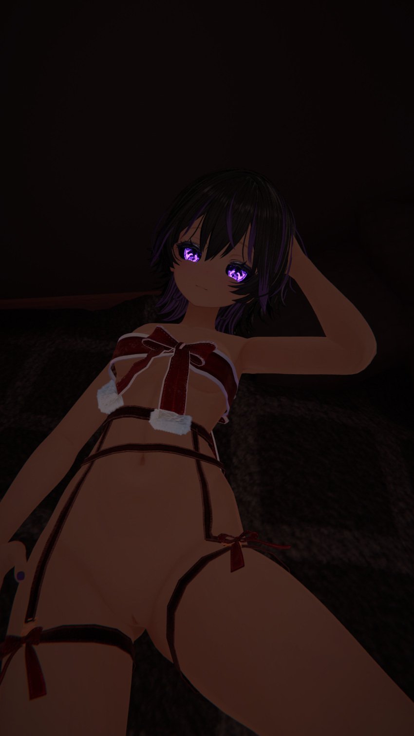 black_hair black_sclera blush corrin_asumi exposed_pussy laying_on_back purple_eyes purple_streak ribbon vrchat vrchat_model