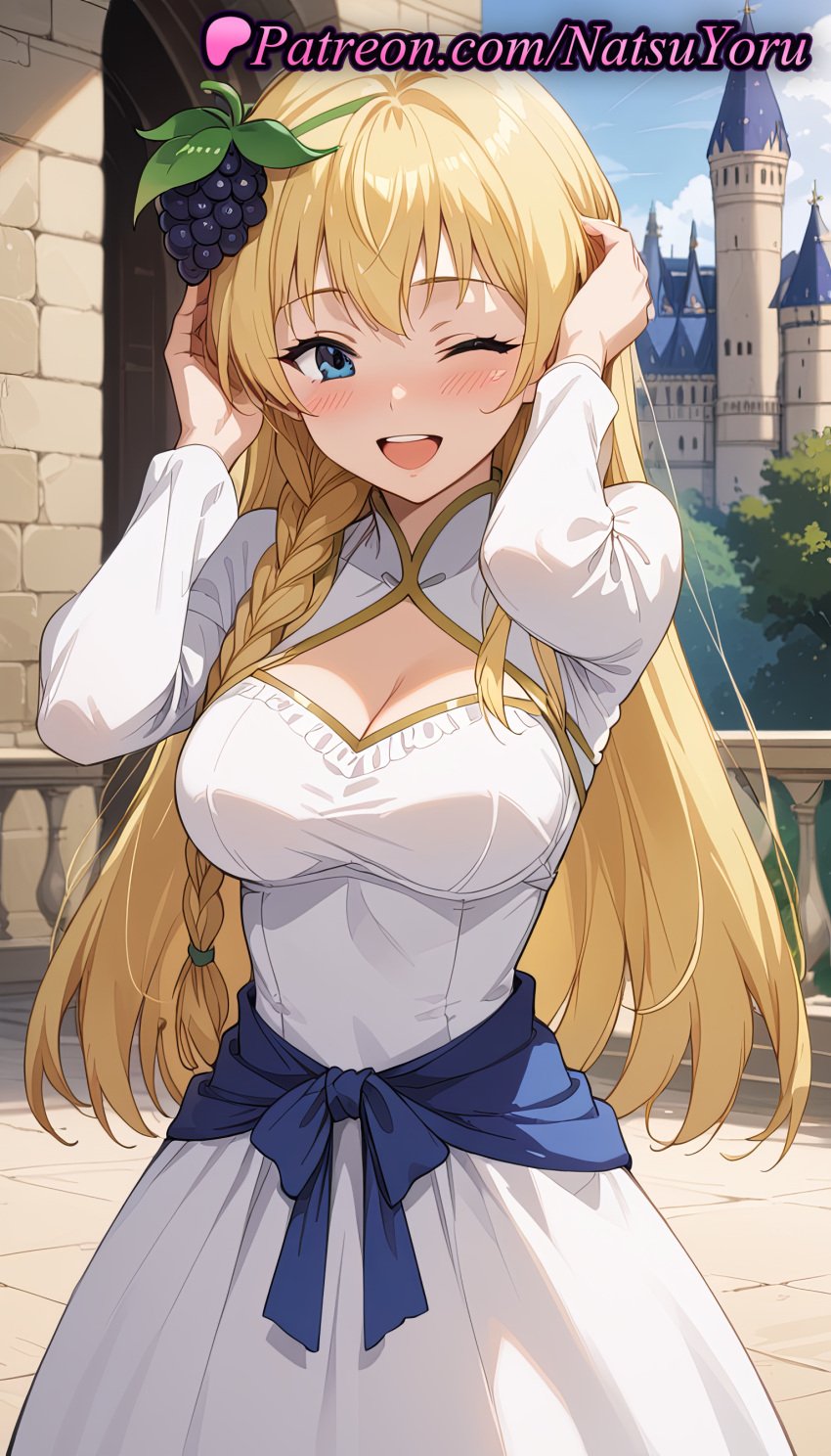 1girls ;d ai_generated anime anime_style asian bangs blonde_hair blue_eyes blush braid breasts bust busty castle cleavage cleavage_cutout clothing clothing_cutout day dress female_focus female_only food food-themed_hair_ornament fruit grapes hair_ornament hairband hentai iris_(konosuba) kono_subarashii_sekai_ni_shukufuku_wo! large_breasts long_hair long_sleeves looking_at_viewer natsuyoru one_eye_closed open_mouth outdoors sash shrug_(clothing) single_braid sky smile solo solo_female teeth upper_teeth_only voluptuous voluptuous_female white_dress