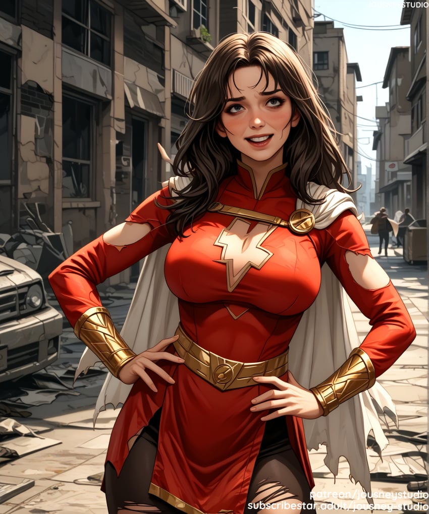 ai_generated alley bangs belt black_hair blush bodysuit breasts brown_eyes brown_hair building cape car city cleavage clothing clothing_cutout day dc dc_comics dress female female_only grin hand_on_hip hands_on_hips jousneystudio justice_league large_breasts lips long_hair long_sleeves looking_at_viewer marvel marvel_comics mary_marvel motor_vehicle original outdoors pantyhose parted_bangs parted_lips people red_dress red_lips road shazam sky smile solo solo_focus standing street superhero teeth torn_clothes