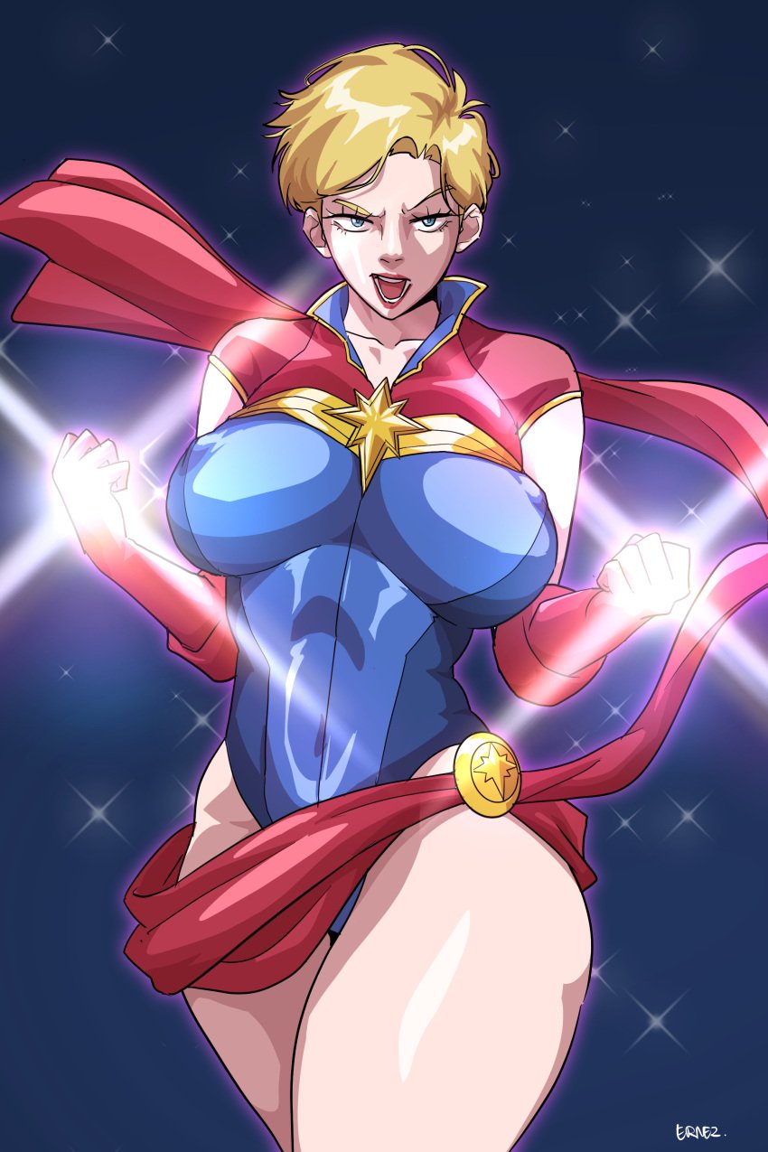 1girls adult blonde_female blonde_hair captain_marvel carol_danvers clenched_hands ernez ernez_996 flying glaring hourglass_figure jerukperas large_breasts leotard looking_at_viewer marvel marvel_comics nipple_bulge open_mouth powers revealing_clothes short_hair solo sparkles thick_thighs thighs waist_belt watermark wide_hips