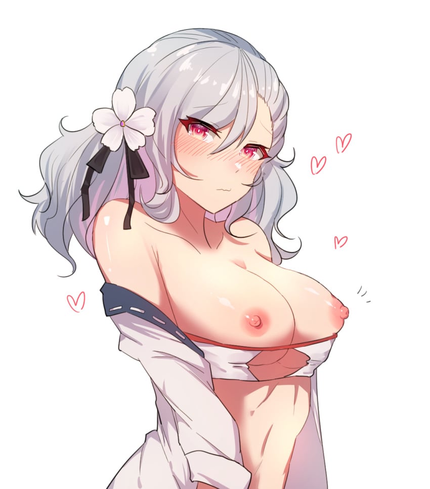 1girls :s areola artist_request big_breasts blush boob_window breasts breasts_exposed breasts_out eyebrows_visible_through_hair eyes_visible_through_hair female flower_in_hair gray_hair hair_down hair_ornament hearts looking_at_viewer medium_breasts medium_hair midriff nipples ribbon shoulder_blush shoulder_length_hair shy shy_expression silver_hair solo solo_female thick_eyelashes thin_eyebrows white_background white_flower white_hair white_shirt