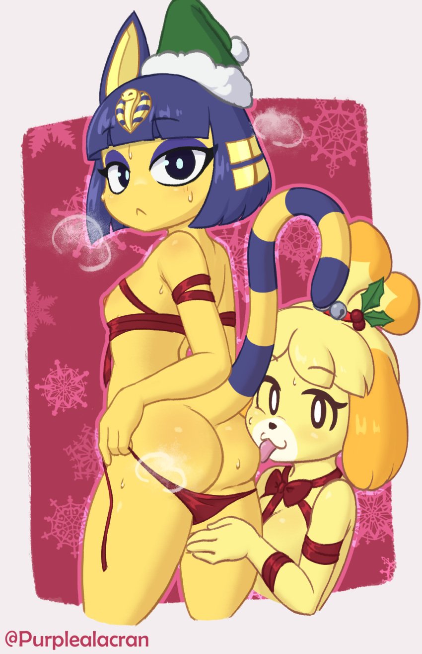 animal_crossing ankha_(animal_crossing) anthro ass blonde_hair blue_eyes blue_hair bodily_fluids bow_ribbon breasts canid canine christmas christmas_clothing christmas_headwear clothing duo eyeliner eyeshadow felid feline female female/female hair hat headgear headwear hi_res holidays isabelle_(animal_crossing) makeup mammal markings mistletoe_bow nintendo panties purplealacran red_background red_ribbon santa_hat simple_background small_breasts snowflake striped_markings striped_tail stripes sweat tail tail_markings underwear yellow_body