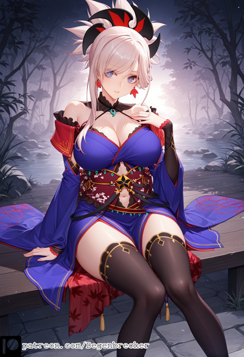 1girls ai_generated blue_eyes blue_kimono degenbrecher fate/grand_order fate_(series) kimono large_breasts miyamoto_musashi_(fate) patreon patreon_username subscribestar subscribestar_username