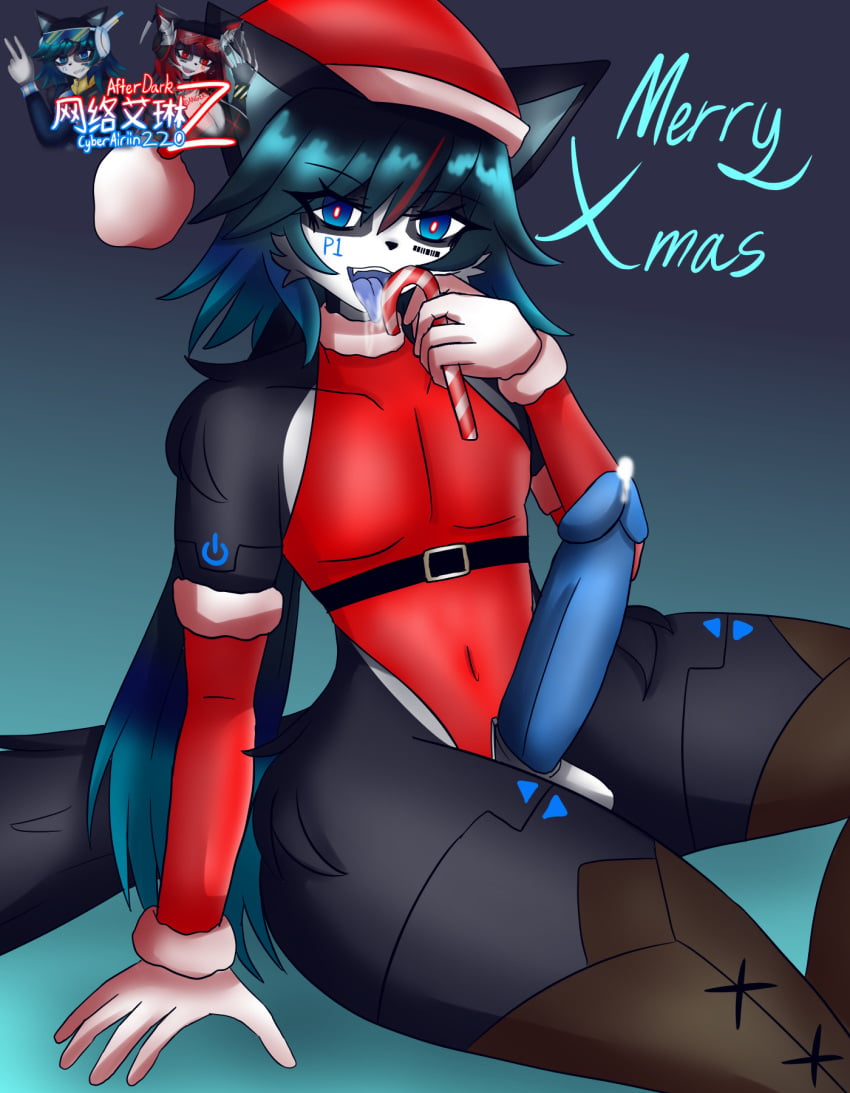 1boy 2024 airiin220 android anthro big_penis blue_tongue candy_cane cat_ears christmas cum cyberairiin220 cyberairiin_(airiin220) feline furry male_only open_mouth penis robot suishou_ato tongue tongue_out