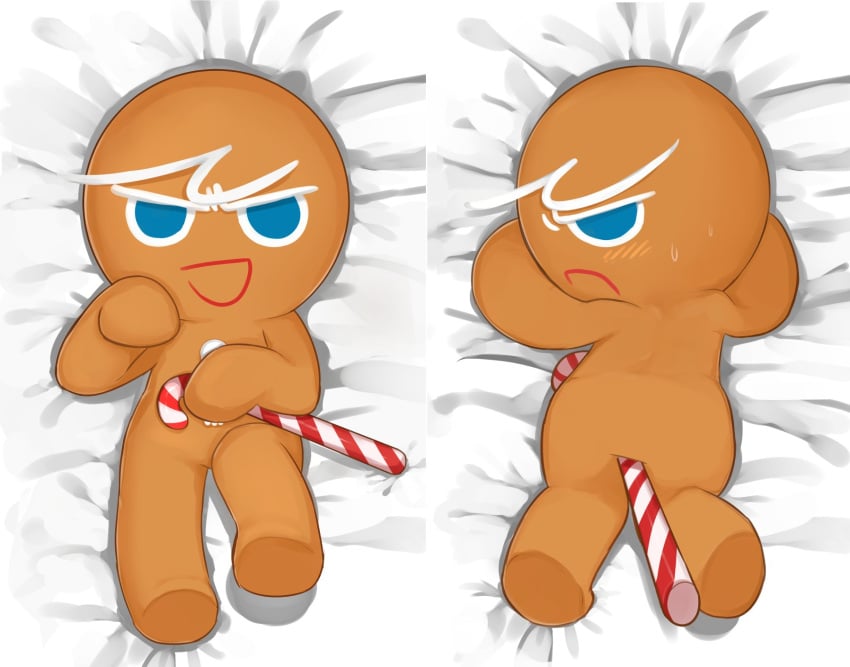 annoyed annoyed_expression ass ass back back_view bedding_background bedroom_eyes candy_cane cookie_run cookie_run_kingdom cookie_run_ovenbreak dakimakura dakimakura_design devsisters food_creature food_humanoid gingerbrave kuwoesque male male_only pillow_shading seductive seductive_look toony toony_male