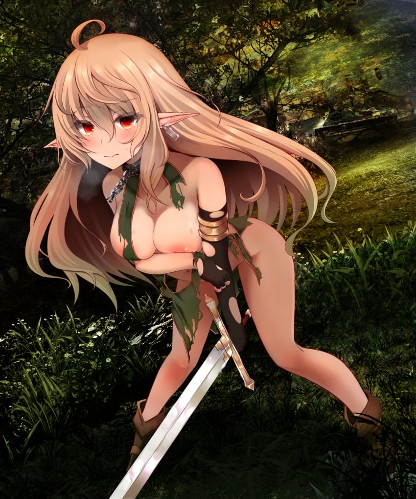 ahoge blonde_hair blush boots breasts brown_footwear chains closed_mouth collar covering_privates ear_piercing elf embarrassed female fold-over_boots forest gradient_hair grass holding holding_sword holding_weapon long_hair multicolored_hair nature no_bra no_panties original outdoors piercing pointy_ears red_eyes solo suisui_(hakkindou) sword torn_clothes very_long_hair weapon