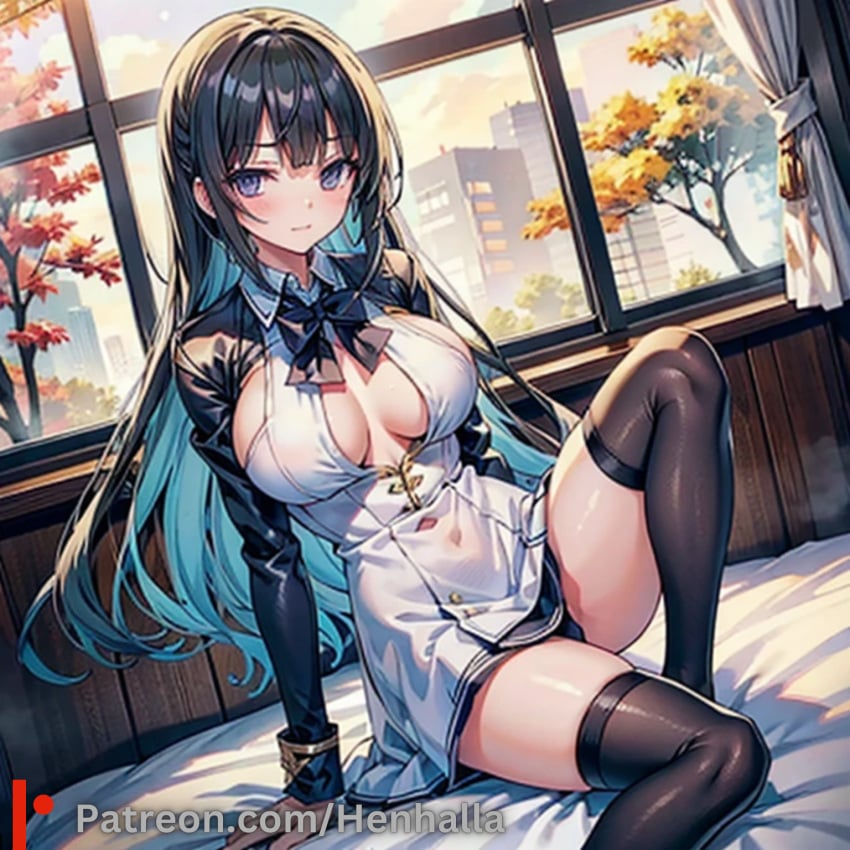 1girls ai_generated bedroom big_breasts blue_eyes breasts dress henhalla mai sakurajima_mai solo solo_female young younger_female