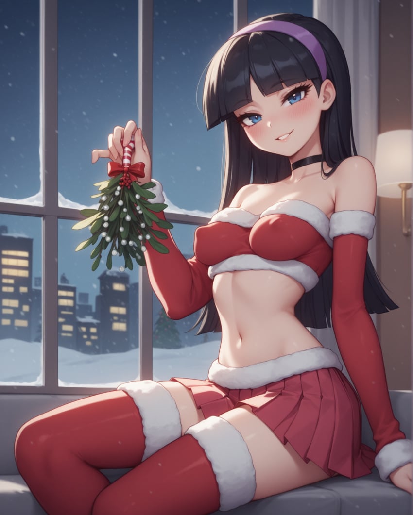 1girls ai_generated belly_button black_hair blue_eyes blunt_bangs blush breasts choker christmas cityscape covered_nipples detached_sleeves female fur_trim hairband holding_mistletoe long_hair looking_at_viewer medium_breasts midriff mistletoe navel notreallyhere perky_breasts pleated_skirt sitting smile snow solo the_fairly_oddparents thighhighs trixie_tang tubetop window