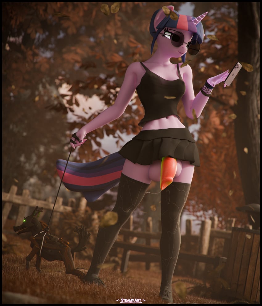 3d_(artwork) absurd_res anthro balls biped black_border border bottomwear breasts clothed clothing detailed_background digital_media_(artwork) duo equid equine eyelashes feral friendship_is_magic ftg_crossgender fti_crossgender futanari genitals gynomorph hair hasbro hi_res holding_object horn intersex legwear mammal my_little_pony mythological_creature mythological_equine mythology outside penis penis_under_skirt pupils rule_63 shirt skirt steamyart thigh_highs timberwolf_(mlp) topwear twilight_sparkle_(mlp) unicorn