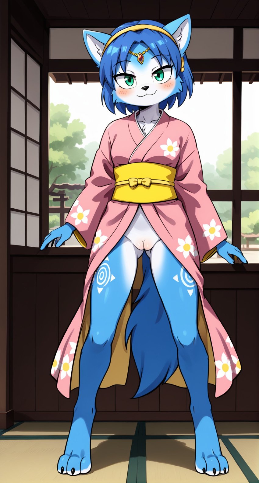 1girls 2024 ai_generated anthro blue_eyes blue_fur blue_hair blushing bottomless bottomless_female digitigrade female female_only hi_res indoors inner_ear_fluff innie_pussy japanese_clothes kimono krystal looking_at_viewer nintendo pussy short_hair smile star_fox white_fur