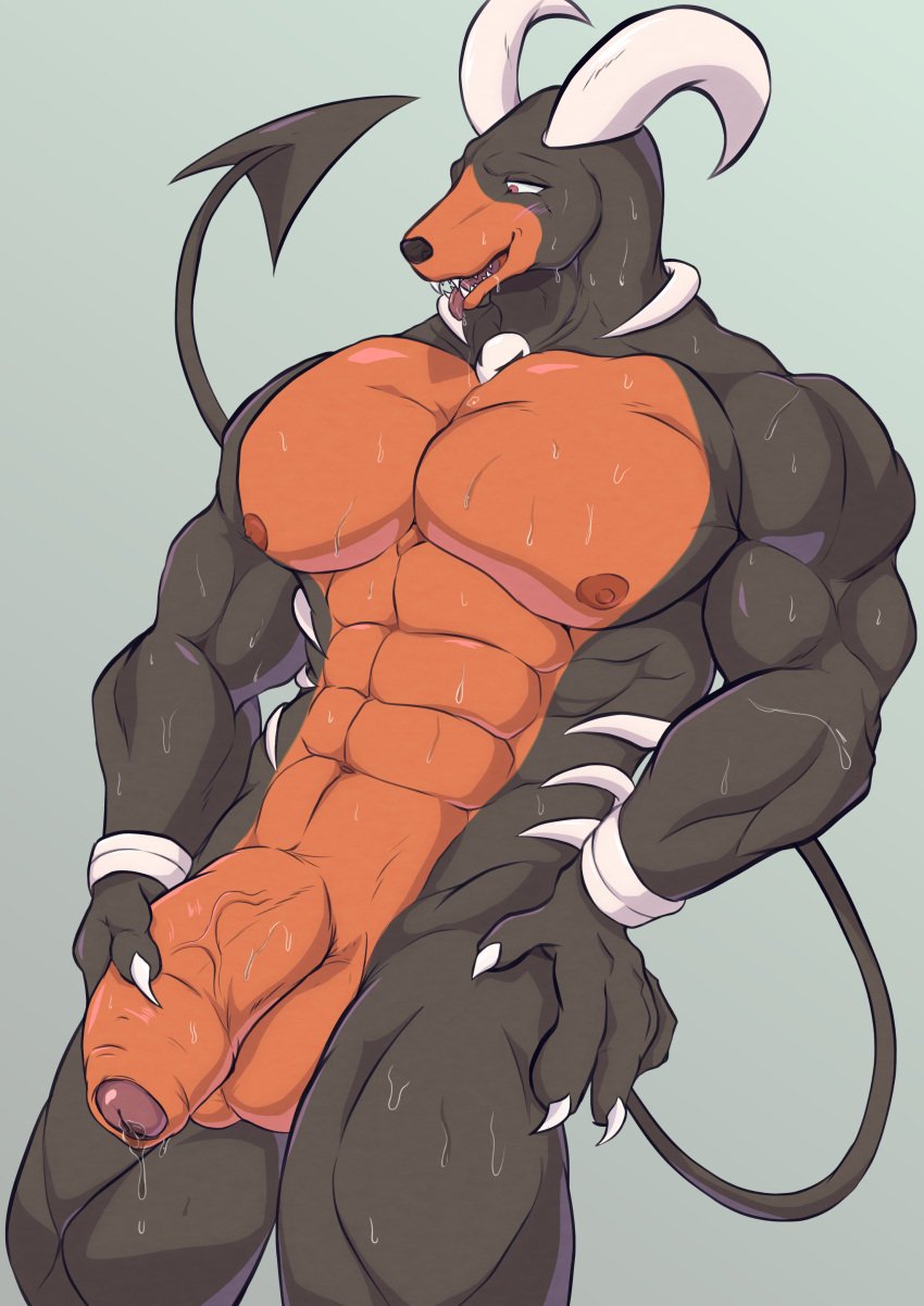 abs absurd_res anthro balls bodily_fluids canid canine erection foreskin generation_2_pokemon genital_fluids genitals geryorias hi_res horn houndoom humanoid_genitalia humanoid_penis male mammal muscular muscular_anthro muscular_male nintendo nipples nude nude_anthro nude_male open_mouth pecs penis pokemon pokemon_(species) precum sharp_teeth simple_background solo standing sweat tail teeth tongue tongue_out vein veiny_muscles veiny_penis