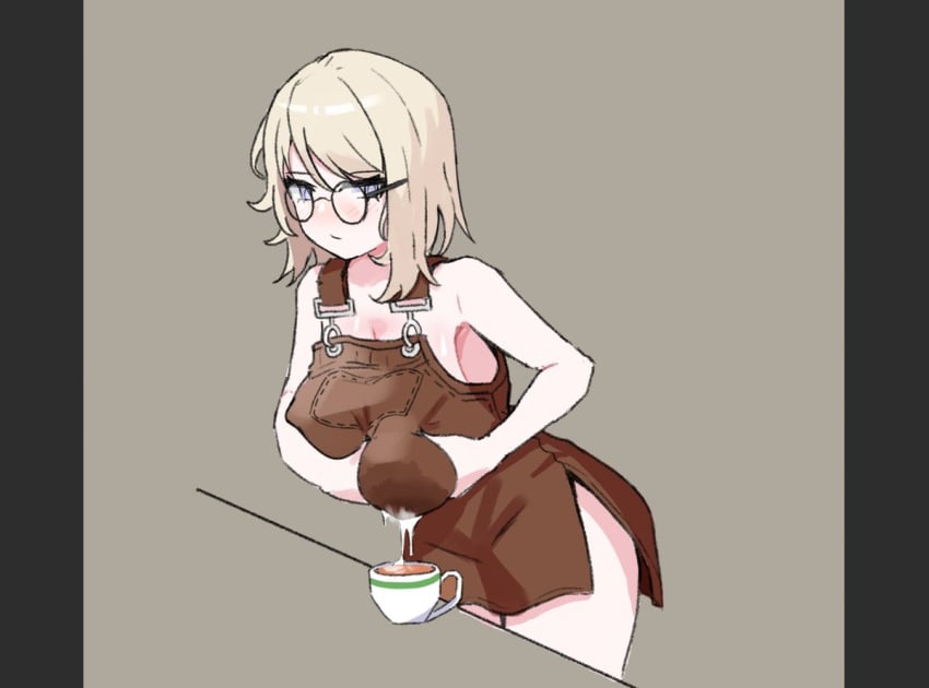 1girls apron apron_only blue_eyes blush breast_milking breasts cat___nip cleavage eyewear faust_(limbus_company) female female_only glasses huge_breasts lactating lactation lactation lactation_through_clothes limbus_company milk naked_apron project_moon short_hair solo teacup thick_thighs thighs wet_clothes white_hair