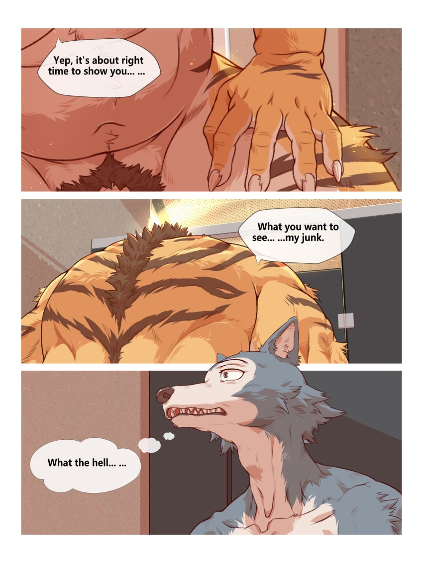 3:4 absurd_res anthro bathroom beastars bill_(beastars) canid canine canis comic dialogue duo english_text felid genitals hi_res legoshi_(beastars) male male/male mammal muscular muscular_male nude pantherine penis pubes public_restroom restroom_stall sadness_hao speech_bubble text thought_bubble tiger wolf