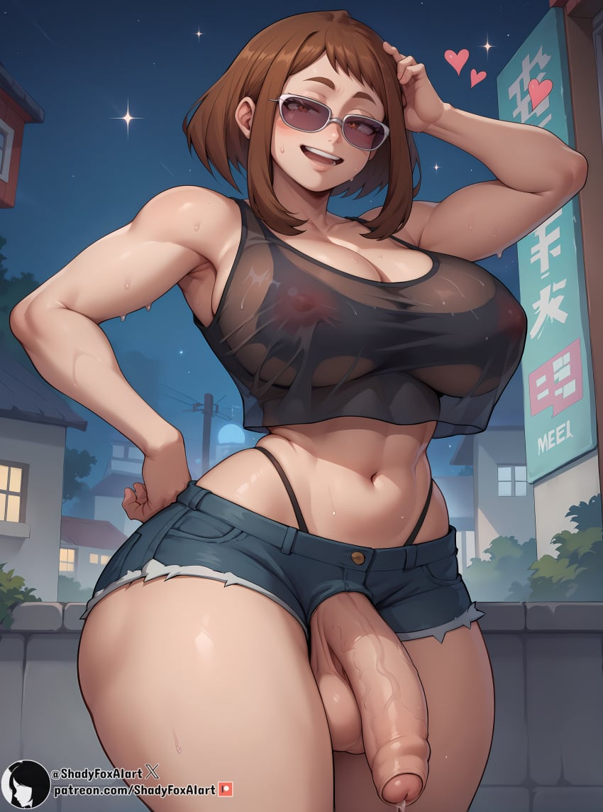 1futa 2024 ai_generated areolae armpits balls big_breasts breasts brown_eyes brown_hair denim denim_shorts floating_heart foreskin futanari hand_on_hip high_resolution highleg highres looking_at_viewer my_hero_academia navel nipples ochako_uraraka outdoors outside penis precum self_upload shadyfox short_hair solo solo_focus solo_futa sparkles stable_diffusion standing sunglasses sweat sweaty tank_top testicles thick_thighs thighs tinted_eyewear uncensored wet wet_clothes