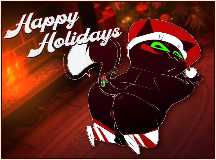 2024 all_fours anthro anus ass balls black_body black_fur black_tail blush border christmas christmas_clothing christmas_headwear christmas_present christmas_tree clothing detailed_background digital_media_(artwork) dipstick_tail domestic_cat english_text felid feline felis fire fireplace footwear fur genitals gift green_sclera hat headgear headwear hi_res holidays holly_(plant) legwear looking_at_viewer male mammal markings monkey_wrench_(series) orange_border pattern_clothing pattern_footwear pattern_legwear pattern_socks pattern_thigh_highs pattern_thigh_socks plant presenting presenting_hindquarters santa_hat scratch_(monkey_wrench) socks solo striped_clothing striped_footwear striped_legwear striped_socks striped_thigh_highs striped_thigh_socks stripes tail tail_markings text the-alfie-incorporated thigh_highs thigh_socks tree two_tone_tail white_tail_tip