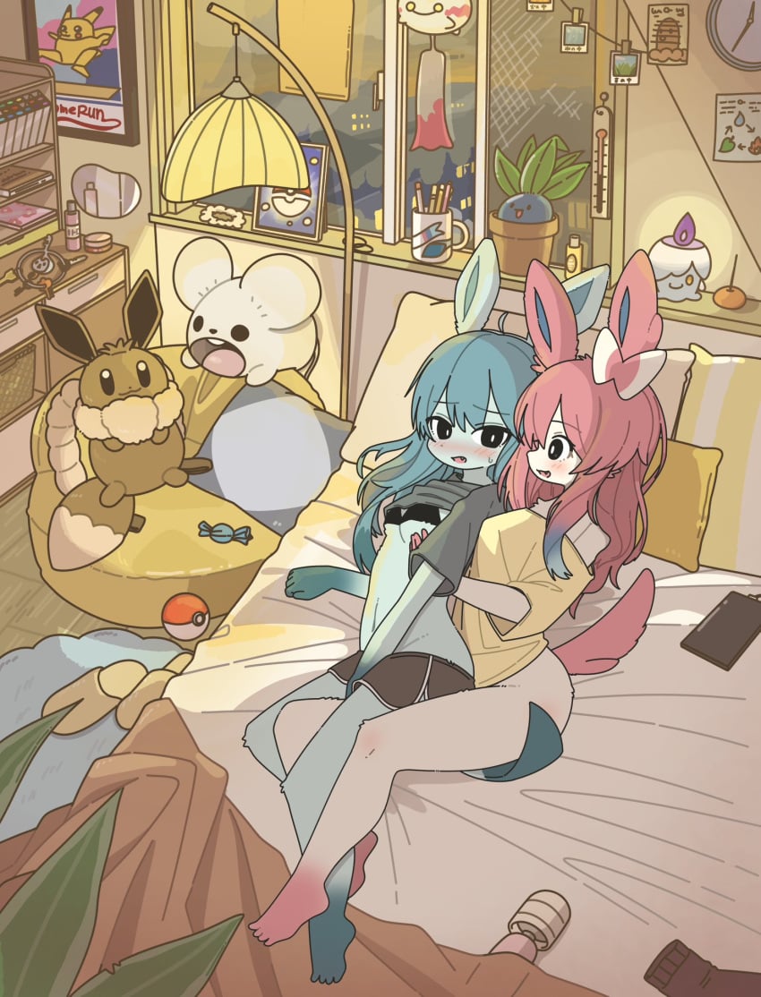 2girls anthro bed clothed clothing cuddle cuddling cute doremifaso64 furry glaceon grabbing grabbing_breasts grabbing_from_behind lesbian plushie pokemon shirt_lift shirt_up sylveon tagme vibrator wholesome