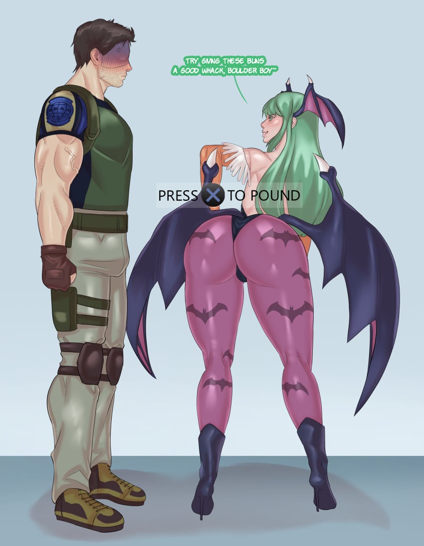 1boy 1girls 5_o&#039;clock_shadow anger anger_vein big_ass blush brown_hair bulge_through_clothing chris_redfield clenched_hands commission commissioner_upload darkstalkers exposed_back game_mechanics green_eyes green_hair heels imminent_sex morrigan_aensland muscular_male pawgg resident_evil resident_evil_5 spandex succubus_wings