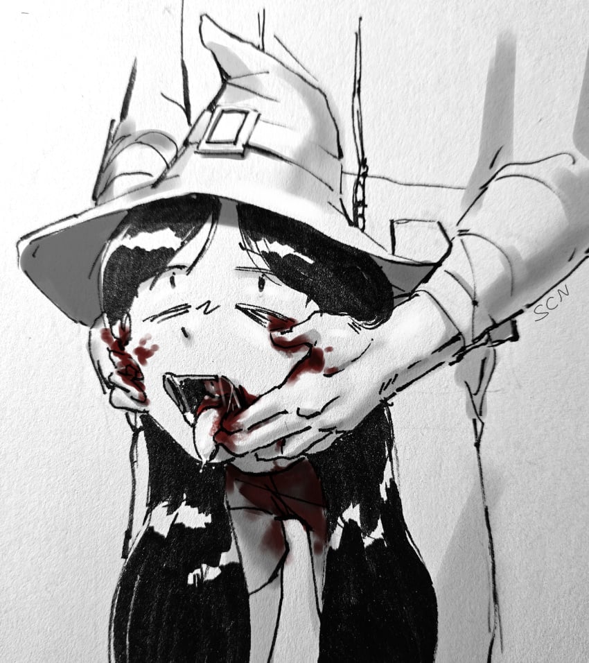 2boys 2males beheaded blood bloody clothed drawing fidelmar41 gore guro line_art male male_only male_rapist male_victim mixed_media necrophilia rape reverse_blowjob severed_head spit spit_in_mouth spit_strand throat_fuck tongue tongue_out white_background witch witch_hat