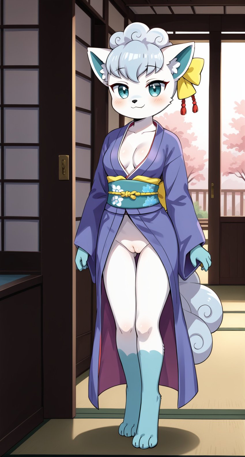 1girls 2024 ai_generated alolan_vulpix anthro blue_eyes blue_fur blushing blushing_at_viewer bottomless bottomless_female digitigrade female female_only generation_7_pokemon hi_res indoors inner_ear_fluff inner_sideboob innie_pussy japanese_clothes kimono looking_at_viewer multiple_tails nintendo pokemon pokemon_(species) pussy regional_form_(pokemon) smile walking white_fur