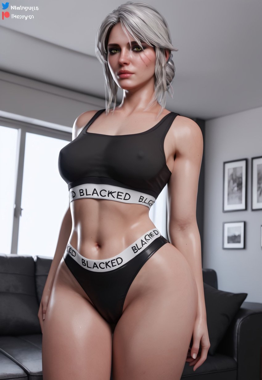 3d ai_generated blacked blacked_clothing blender ciri clothed dreamcuc eye_scar looking_at_viewer photoshoot pose posing solo solo_female the_witcher_(series) the_witcher_3:_wild_hunt white_hair