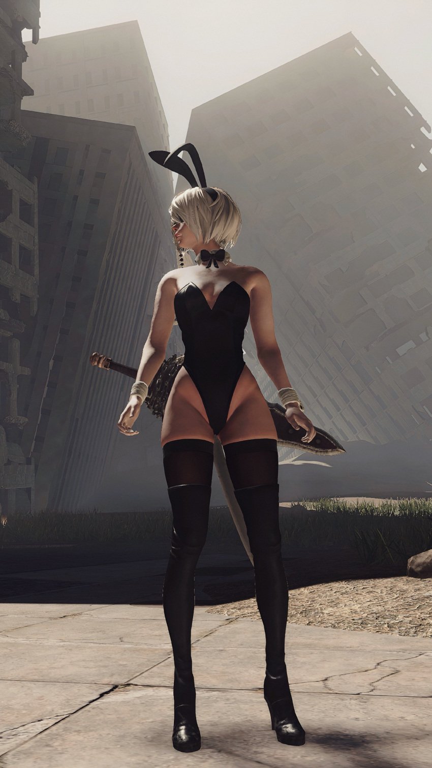 3d bob_cut bunny_costume bunny_ears bunny_girl bunnysuit gameplay gameplay_screenshot grey_hair high_heels hourglass_figure ingame_model mod nier nier:_automata nier_(series) slim_waist tagme thick_thighs thighhighs white_hair wide_hips yorha_2b