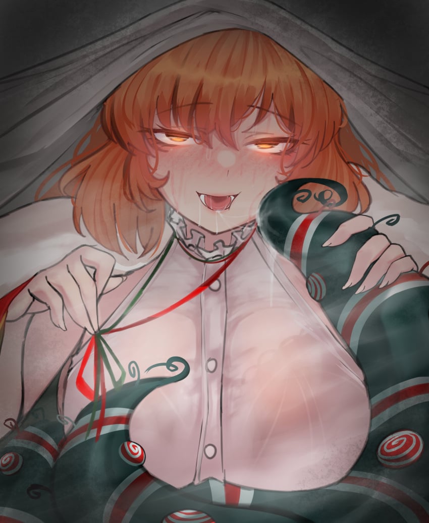 0ha 1girls big_breasts blush clothed ishmael_(limbus_company) limbus_company long_hair looking_at_viewer open_mouth orange_eyes orange_hair project_moon ribbon solo sweat tail under_the_covers wet_clothes