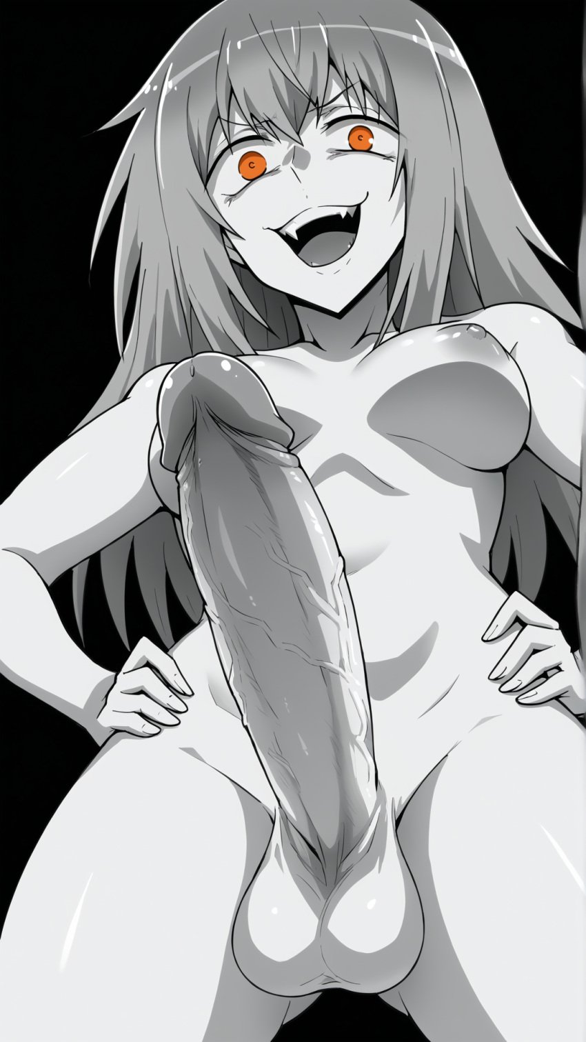 1futa ai_generated big_breasts big_penis black_background futanari gamo-chan gigantic_penis looking_at_viewer monochrome orange_eyes please_don't_bully_me,_nagatoro solo