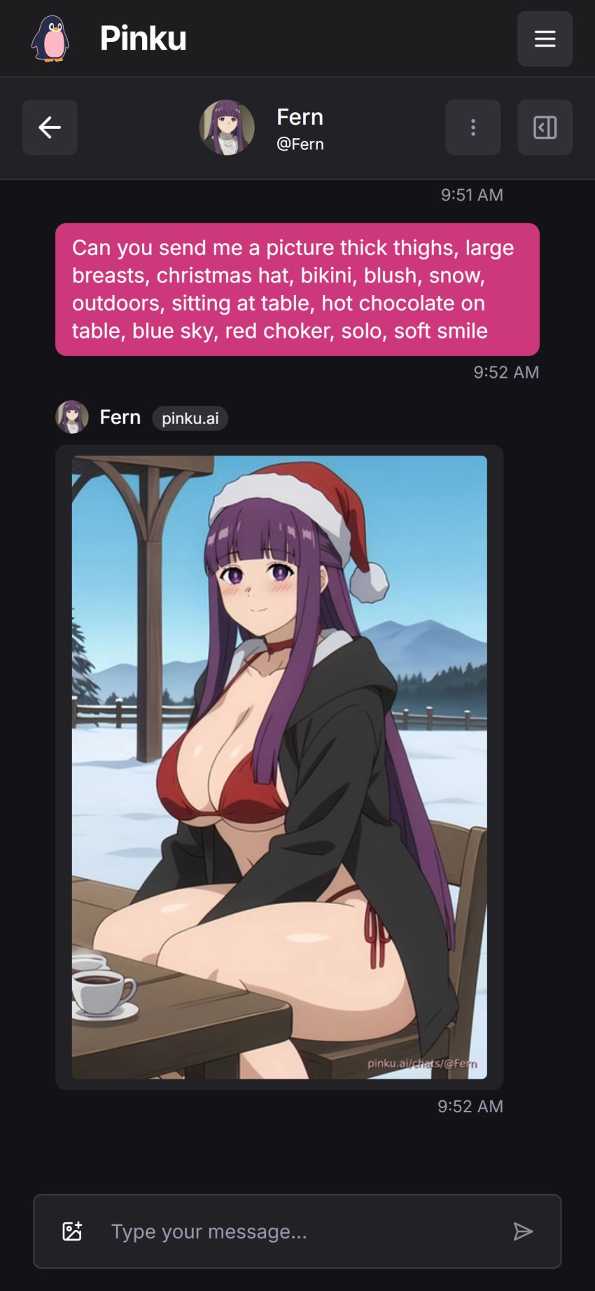 ai_generated aichat bikini candid christmas ecchi female fern fern_(sousou_no_frieren) frieren girl hot lingerie pinku pinku.ai pinkuai preset prompt sample sexy snow wallpaper winter