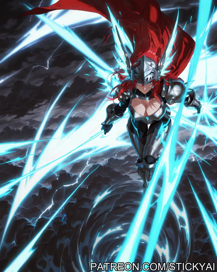 1girls action_pose ai_generated blue_eyes breasts cloud cosplay fit high_school_dxd light-skinned_female lightning nsfw red_hair rias_gremory stickyai storm superheroine thor_(marvel)