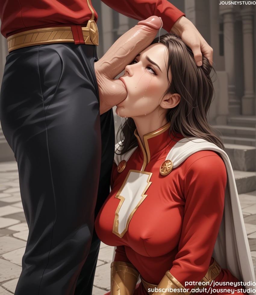 1boy ai_generated bangs belt black_hair black_pants blush breasts brown_hair cape clothing crying crying_with_eyes_open dc dc_comics erection fellatio female head_grab irrumatio jousneystudio justice_league large_breasts large_penis lips long_hair long_sleeves looking_up male marvel marvel_comics mary_marvel oral outdoors pants penis red_jacket red_shirt saliva shazam shirt solo_focus straight superhero tears testicles text veins veiny_penis white_cape