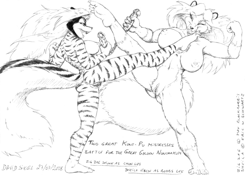 00s 2008 big_breasts breasts canine david_siegl dildo double_dildo female fight fox fur furry_ears furry_tail kick nude nunchaku pussy sex_toy sheila_vixen sketch skunk tail yuri zig_zag