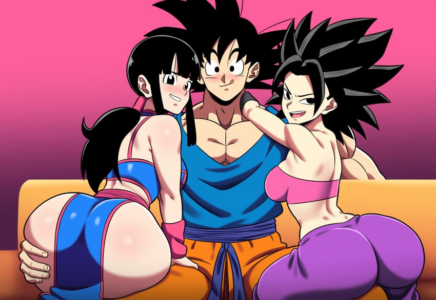 1boy 2girls 2girls1boy ai_generated alien alien/human alien_girl ass ass_focus ass_grab big_ass black_hair caulifla chichi dat_ass dragon_ball dragon_ball_super dragon_ball_z huge_ass husband_and_wife mature_female milf mullon novelai son_goku that_ass_was_fat universe_6/universe_7