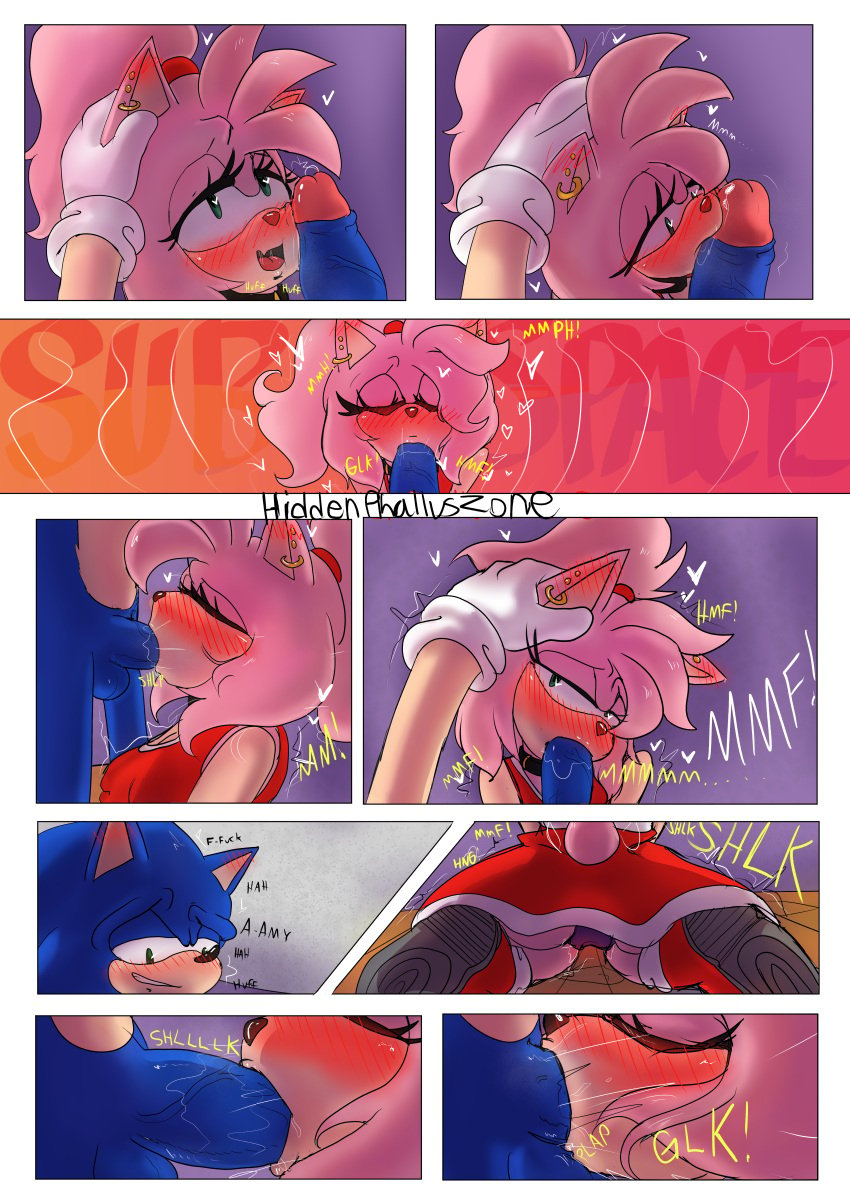 absurd_res amy_rose anthro ass balls bedroom_eyes blue_body blue_fur blush blushing_profusely bodily_fluids clothed clothing comic duo ear_blush ear_piercing english_text erection eulipotyphlan fellatio female fur genital_fluids genitals gloves green_eyes hair hand_on_head handwear heart_eyes heart_symbol hedgehog hi_res hiddenphalluszone male male/female mammal narrowed_eyes oral penile penis piercing pink_body pink_fur ponytail profanity romantic romantic_couple saliva seductive sega sex smile sonic_(series) sonic_the_hedgehog sonic_the_hedgehog_(series) submissive submissive_female subspace tail text vaginal_fluids